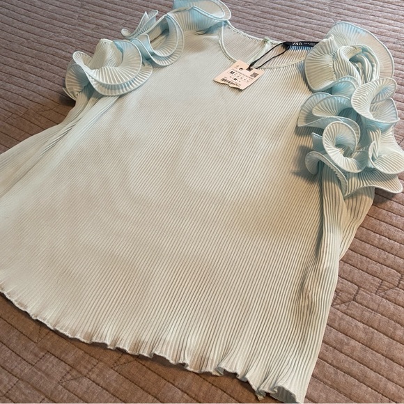 Blue Zara Boho Ruffle Sleeve Pleated Blouse Top - Picture 6 of 7